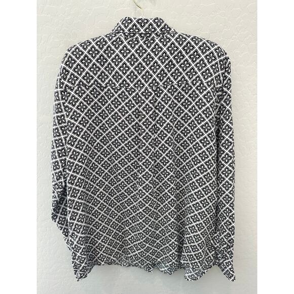 CHARTER CLUB Luxury Linen Shirt Black White Geometric Button Down Blouse Top XL - Picture 4 of 7